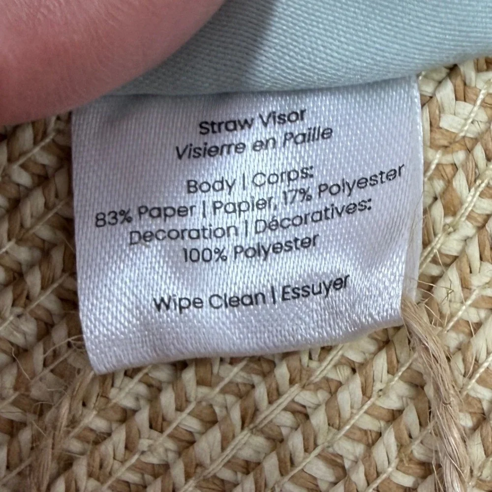 NWT Sea & Grass Straw Visor Navy Blue Geometric Ribbon Tie Back Adjustable